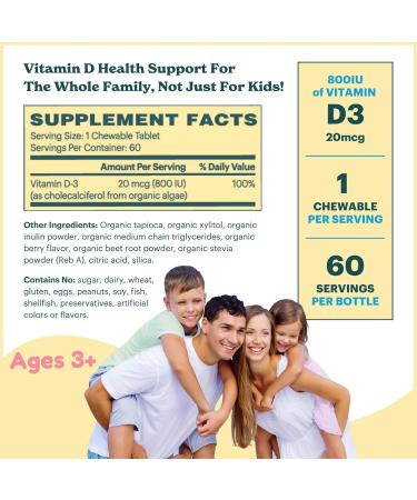 MamaDoc Rx Certified Organic Kids and Teens Whole Food Vitamin D3 Chewables | 800 IU | Sugar Free Vegan Free of 9 Major Allergens | 2 Month Supply | Ages 3+ - Buy Online on GoSupps.com