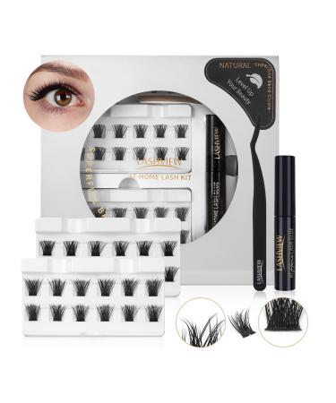 LASHVIEW DIY Eyelash Extension,Individual Cluster Lashes,Natural Cluster Pre-cut Lashes,Home Eyelashes Extension Kit with Cluster Lashes Glue and Tweezers,Featherlight Synthetic Lashes,Reusable(56D-mix12/14mm) 56D#KIT 12&14mm