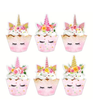 USERTEN 24pcs Unicorn Party Cupcake Toppers and Wrappers for Girls Birthday Flowers Rainbow Unicorn Cup Liners Toppers (4 of Each) Cake Decoration Supplies