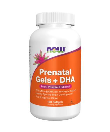 NOW Supplements  Prenatal Gels + DHA with 250 mg DHA per serving  plus Borage Oil (GLA)  180 Softgels