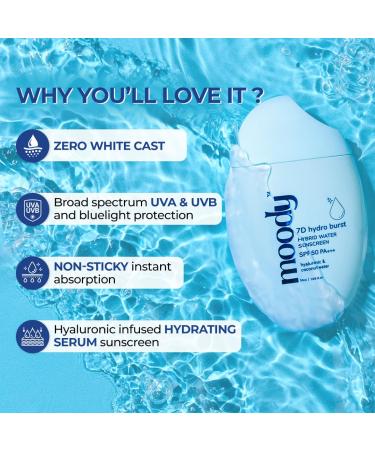 Moody 7D Hydro Burst Sunscreen SPF50 - Lightweight Non-Greasy Sweat-Proof UV & Blue Light Protection | Paraben Free | Ideal for Men & Women | 50 ml - Buy Online on GoSupps.com
