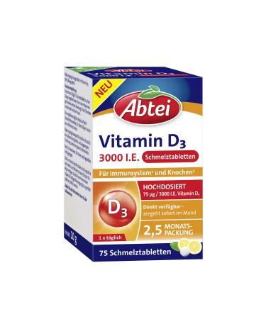 Abbey vitamin D3 3000 I.E. - supports the immune system and bones - laboratory testing gluten -free lactose -free and vegetarian - 75 sluggish tablets with lemon taste