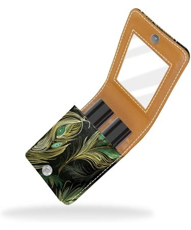 Stylish Leather Lipstick Case with Mirror - Mini Organizer for Lip Gloss & Lipstick - Peacock Feather Design - Buy Online on GoSupps.com