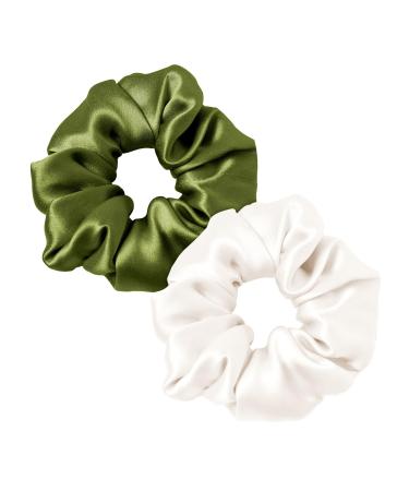 LILYSILK Silk Hair Scrunchies for Frizz Prevention 100% Mulberry Silk Hair Ties for Breakage Prevention Elastic ponytail Holders(Avocado Green+Ivory) 2 count (Pack of 1) Avocado Green+Ivory