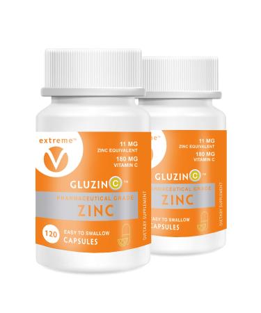 GluzinC Daily Immunity Boost Lower dose for Zinc Sensitivity 11MG Pharmaceutical Grade Zinc Plus 180MG Vitamin C  (2 Bottles 240 Vegetarian Capsules)