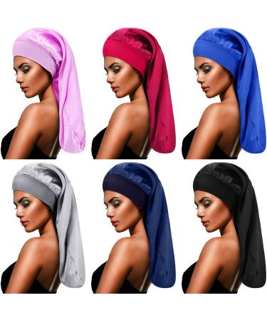 6 Pieces Long Satin Bonnet Extra Large Sleep Cap Elastic Band Silk Night Sleep Hat for Women Long Curly Hair Braids (Solid)