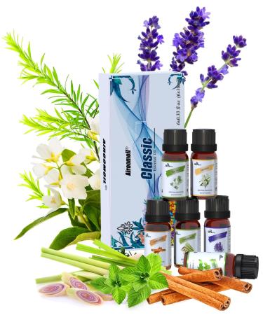 6X10ml Essentials Blends Fragrance Oil Set for Home Diffuser Refill Candles Slime Soap Making Car Laundry Scent DIY Oil Tea Tree Jasmine Lavender Cinnamon Lemongrass Peppermint Oil