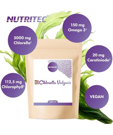 Nutritec Co KG 100 Chlorella Vulgaris 1000 pressings 500 mg algae per pressing without additives high dose vegan 5000 mg chlorella 1125 mg chlorophyll 20 mg carotenoid per day - Buy Online on GoSupps.com