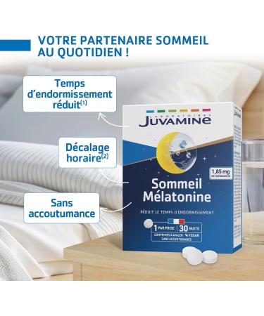 JUVAMINE - Sleep Melatonin - 1.85mg Melatonin - Reduces Sleeping Time - No Addiction - Time Difference - Rest - 1 Month Program - 30 Tablets - Made in France - Buy Online on GoSupps.com