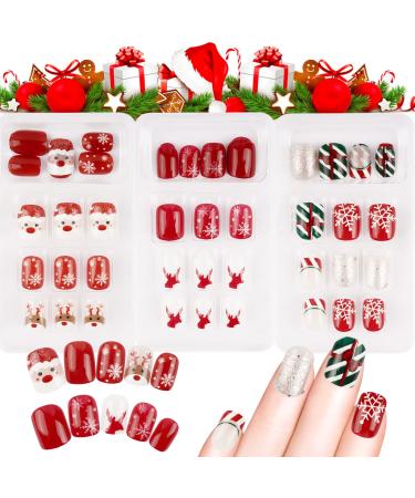 Flofia 72Stk.Christmas nails short artificial nails to stick on wrong nails Santa Claus snowflakes full cover fingernail nail design for girls women red b - Buy Online on GoSupps.com