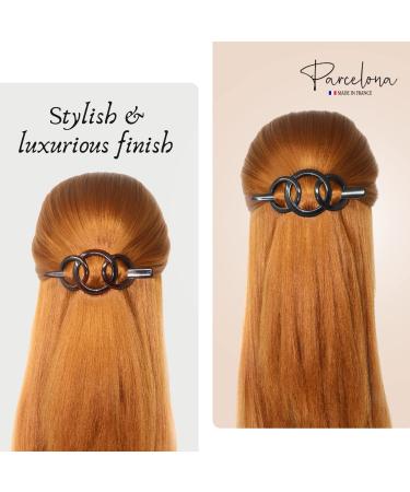 Parcelona French Triple Ringed Tortoise Shell Brown & Glossy Black Hair Slider Pin Ponytail Holder Barrette Set - 2 Pieces - Buy Online on GoSupps.com