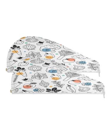 Doodle Vegetables and Fruits Dry Hair Cap 2 Piece Quick Drying Towel Set with Button Headband Super Absorbent Soft & Comfortable
