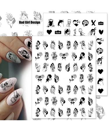 Bad Girl 3D Nail Art Stickers - Black and White Self Adhesive Design for Sexy Women and Girls | 8 Sheets - Buy Online on GoSupps.com