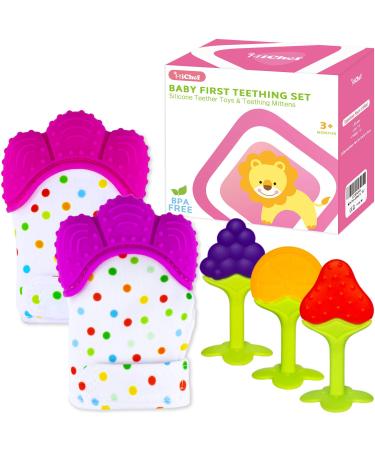 Teething Mittens for Baby (2 Pack) with Baby Teething Toys (3 Pack) Self Soothing Pain Relief Mitt Silicone Baby Teethers BPA-Free Natural Organic Freezer Safe for Infants and Toddlers Pink + Purple - Buy Online on GoSupps.com