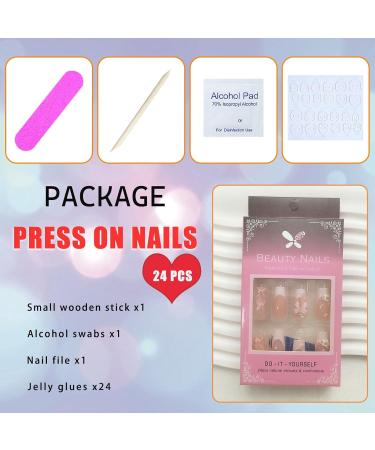 White French Tip Press on Nails - Medium Long Acrylic Fake Nails with 3D Bow Pearls & Flower Charms - Full Cover Glossy Stick on Nails for Women | 24 Pcs - Buy Online on GoSupps.com