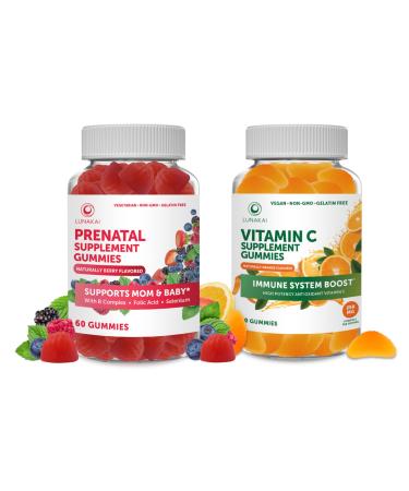 Prenatal Vitamins and Vitamin C Gummies Bundle - with Iron and Folic Acid Chewable Multivitamin Gummy Without Corn Syrup 30 Day Supply - Organic VIT C Vegan Chewable Gummy Vitamins