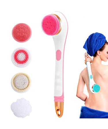 YUMEIZH Electric Body Brush for Showering Rechargeable Back Scrubber Long Handle Waterproof USB Silicone Shower Brush 4 in 1Electric Bath Brush Body Exfoliation and Massage (Pink)
