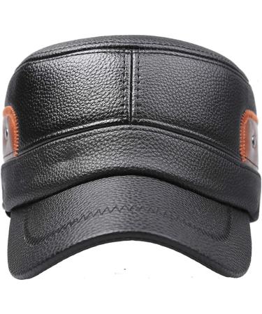Men's Winter Leather Peaked Cap with Earflap - Adjustable Military Cadet Army Hat in Black/Brown - Buy Online on GoSupps.com