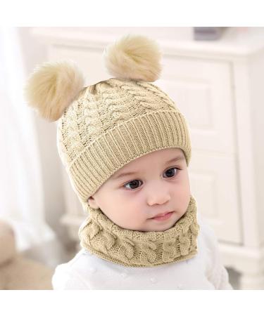 CheChury Toddler Hat and Scarf Set - Baby Knit Pom Beanie Cap with Circle Loop Scarf - 1-3 Years - Beige - Buy Online on GoSupps.com