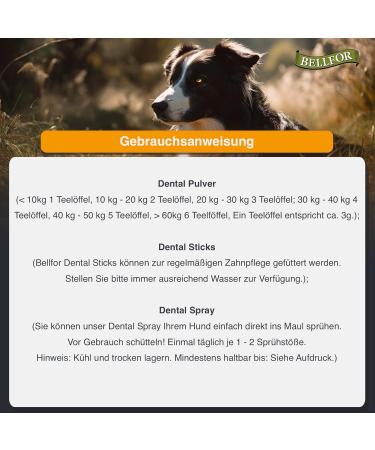Bellfor Natural Dental Care for Dogs - Tartar Control Easy Dosage & Excellent Digestibility | Savings Set (Powder Sticks 4x100g Spray) - Shop Internationally - Buy Online on GoSupps.com
