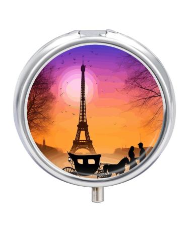 Round Pill Box Valentine Paris Eiffel Tower Romantic Couple Carriage Sunset Silhouette Print 3 Compartment Medicine Pill Case Print Pill Organizer Decorative Metal Portable Pill Box Pocket Pill Box