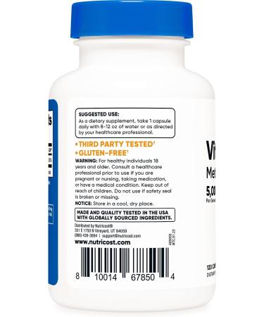 Nutricost Methylcobalamin B12 5000mcg - 120 Vegetarian Capsules | Non-GMO & Gluten Free - Buy Online on GoSupps.com