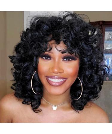 Andromeda Short Curly Wigs for Black Women Soft Black Big Curly Wig with Bangs Afro Kinky Curls Heat Resistant Natural Looking Synthetic Wig for African American Women (Big Curly)