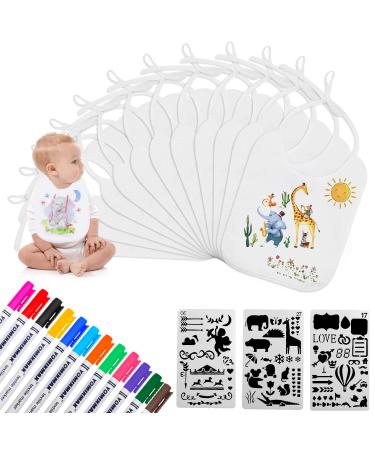 Aohcae 12 pieces of bibs to paint bib paint baby shower 12 textile pens and 3 times stencils baby shower games for baby hower party young girls white