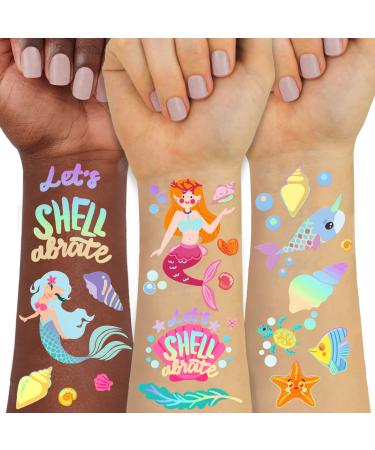 Mermaid Temporary Tattoo for Kids Under the Sea-76 Glitter Style Cute Fake Tattoo Dolphin Ocean Animals Waterproof for Girls Boys Body Face Tattoos Stickers Beach Art Birthday Party Favors Decorations