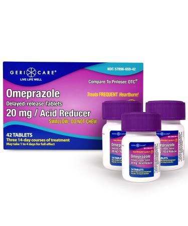 GeriCare Omeprazole Delayed Release Tablets 20mg Stomach Acid Reducer Pills for 24 Hour Heartburn Relief- Acid Reflux Medicine to Treat Frequent Heartburn- Anti-Acid Relief Tablets (42 Count)
