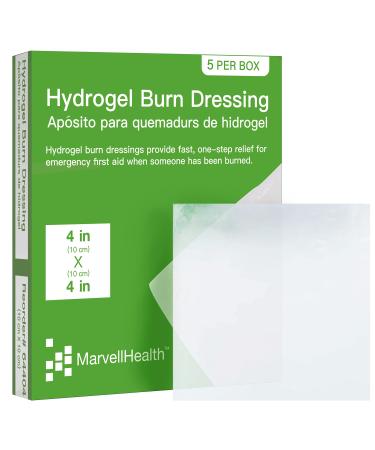 MarvellHealth Hydrogel Burn Dressing 4" x 4", Pack of 5 Individual Sterile Pads, First Aid Use, Cool, Soothe, Relieve Pain & Protects All Burns, Soft & Conformable