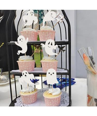 Pack of 24 Ghost Halloween Cupcake Toppers Glitter Ghost Cake Decoration for Happy Halloween Spooky Ghost Theme Party Cake Decoration Baby Shower Children Birthday Party Cake Decorations White Colour 19 - Buy Online on GoSupps.com
