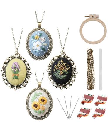 ZOCONE 4 Packs Embroidery Necklace Kit Embroidery Pendant Kit Mini Cross Stitch Kit with Hoop Necklace Pendant Stamped Pattern Cloth Instructions etc Embroidery Kit for Adults 4 Packs-A