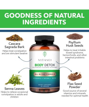 VITASEI Body Detox Capsules - Ultimate Cleanse Support with Cascara Sagrada, Psyllium Husk, Senna Leaves, Flax Seed Powder - 60 Count - Colon Cleanse and Detox Dietary Supplements - Buy Online on GoSupps.com