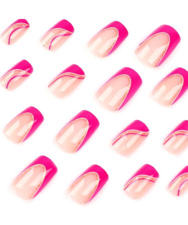 French Tip Press on Nails - Short Square Press On Nails with Nail Tips Rose red paired with White Lines and Golden glitter Pink press on nails Acrylic False Nails Cute Artificial Nails - Buy Online on GoSupps.com