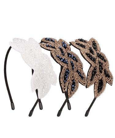 Noverlife 1920s Flapper Headbands 3PCS Set for Women - Rhinestone Beaded Vintage Hair Accessories (Navy Blue/White/Black/Gold) - Buy Online on GoSupps.com