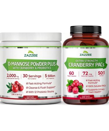 Zazzee Urinary Tract Health Cleanse Bundle | D Mannose Powder Plus Super Concentrated Proanthocyanidin Cranberry Extract Capsules for Women | Non-GMO Vegan & ISO Lab Tested
