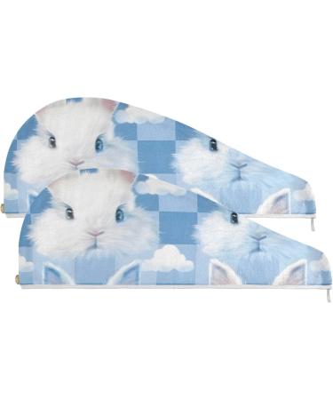 Rabbits Blue Plaid Hair Towel 2 Pack - Super Absorbent Quick Dry Hair Turbans for Women & Girls - Buy Online on GoSupps.com