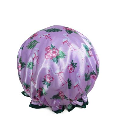 1 Pcs Satin Shower Cap for Women Cute Animal Printed Waterproof Bath Cap for Girl Long Hair (05 Flamingo Pink)