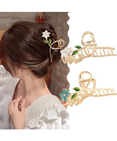 2 Pcs Flower Hair Clips Spring Hair Accessories for Women Large Non Slip Metal White and Blue Flower Leaf Designs Summer Gold Claw Clips Exquisite Hair Accessories for Thick Thin Curly Hair (White and Blue) Metal Flower
