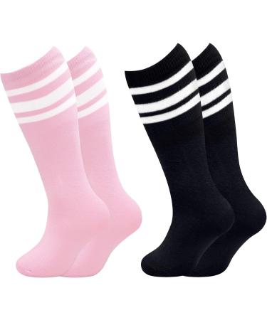 Olreco Toddler Soccer Socks - Kids Knee High Tube Socks with Stripes 3-6 Years - 2 Pack Black/White Pink/White - Buy Online on GoSupps.com