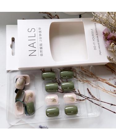 Buy Green Leopard Print Short Press on Nails - 24PCS Acrylic Full Cover with Gold Foil Designs | International Shipping - Buy Online on GoSupps.com