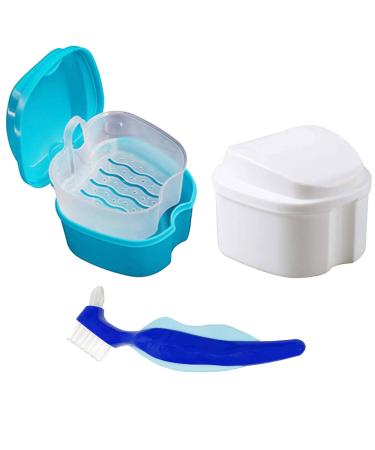 Denture Case Denture Cup with Strainer Denture Bath Box False Teeth Storage Box with Basket Net Container Holder for Travel Retainer Cleaning 2Pack (Light Blue)