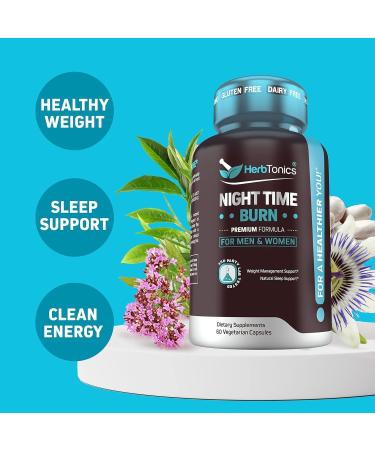 Herbtonics Night Time Burn & Sleep Complex Supports Overnight Metabolism Stress Relief & Deep Sleep. Includes Melatonin Valerian and Green Tea Vegan Bedtime Weight Management (60 Capsules) 1 - Buy Online on GoSupps.com