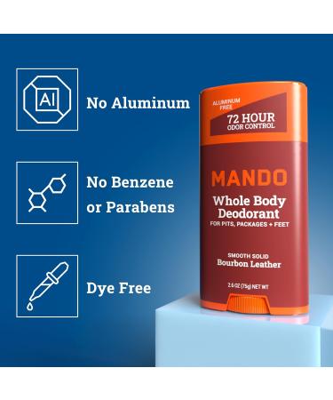 Mando Whole Body Starter Kit - 2.6oz Solid Stick 3.6oz Spray 1.5oz Acidified Body Wash 5oz Acidified Cleansing Bar 15ct Deodorant Wipes - Aluminum Free Odor Control - 5 pc Bundle (Bourbon Leather) - Buy Online on GoSupps.com
