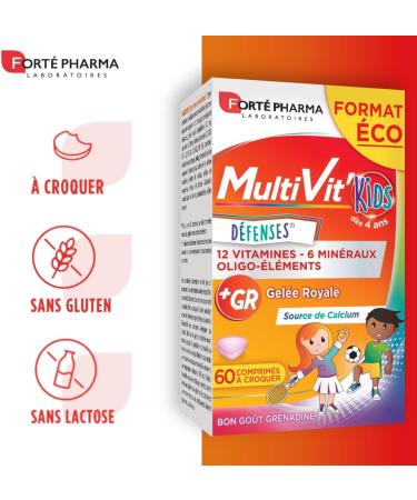 Fort Pharma - Multivit Kids | Food Supplement Form - Tonus - Ages 5+ - 12 Vitamins 7 Minerals - Royal Jelly Calcium Vitamin C | 60 Chewable Tablets - Buy Online on GoSupps.com