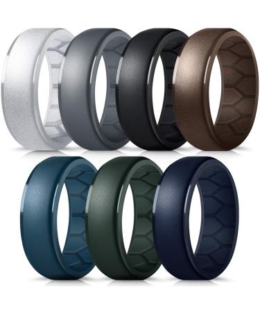 Forthee Silicone Wedding Ring for Men, Breathable Airflow Inner Curve, Mens' Rubber Wedding Engagement Bands for Crossfit Workout 7-Pack: Silver, Dark Gray, Black, Bronze, Azure Blue, Dark Green, Navy 10 (19.8mm)