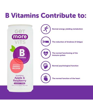 Get More Vits - B Vitamins Sparkling Apple & Raspberry Flavoured Spring Water (12 x 330ml) Supports Energy Release Tackle Tiredness & Fatigue Natural Flavours Sugar Free Low Calorie Vegan - Buy Online on GoSupps.com