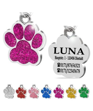 Ibera Gifts - Personalized pendants for small to medium -sized dogs and cats in paw shape - engraving dog brand collar dog neck band Name personalized Dog Address supporter cat necklace (pink) purple