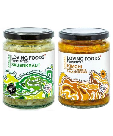 Loving Foods Award-Winning *Organic & Made in The UK* Sauerkraut & Kimchi with Turmeric and Black Pepper (2 x 475g) Raw Unpasteurised & Bursting with Beneficial Live Bacteria (2 x Jars)